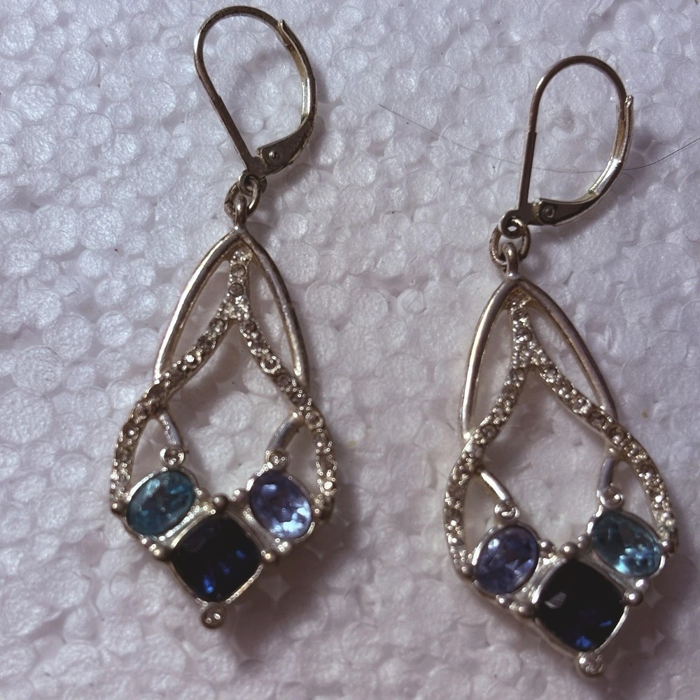 Vintage Y2K Silver Tone Blue Crystal Dangle Earrings‎ Teardrop Art Deco Formal